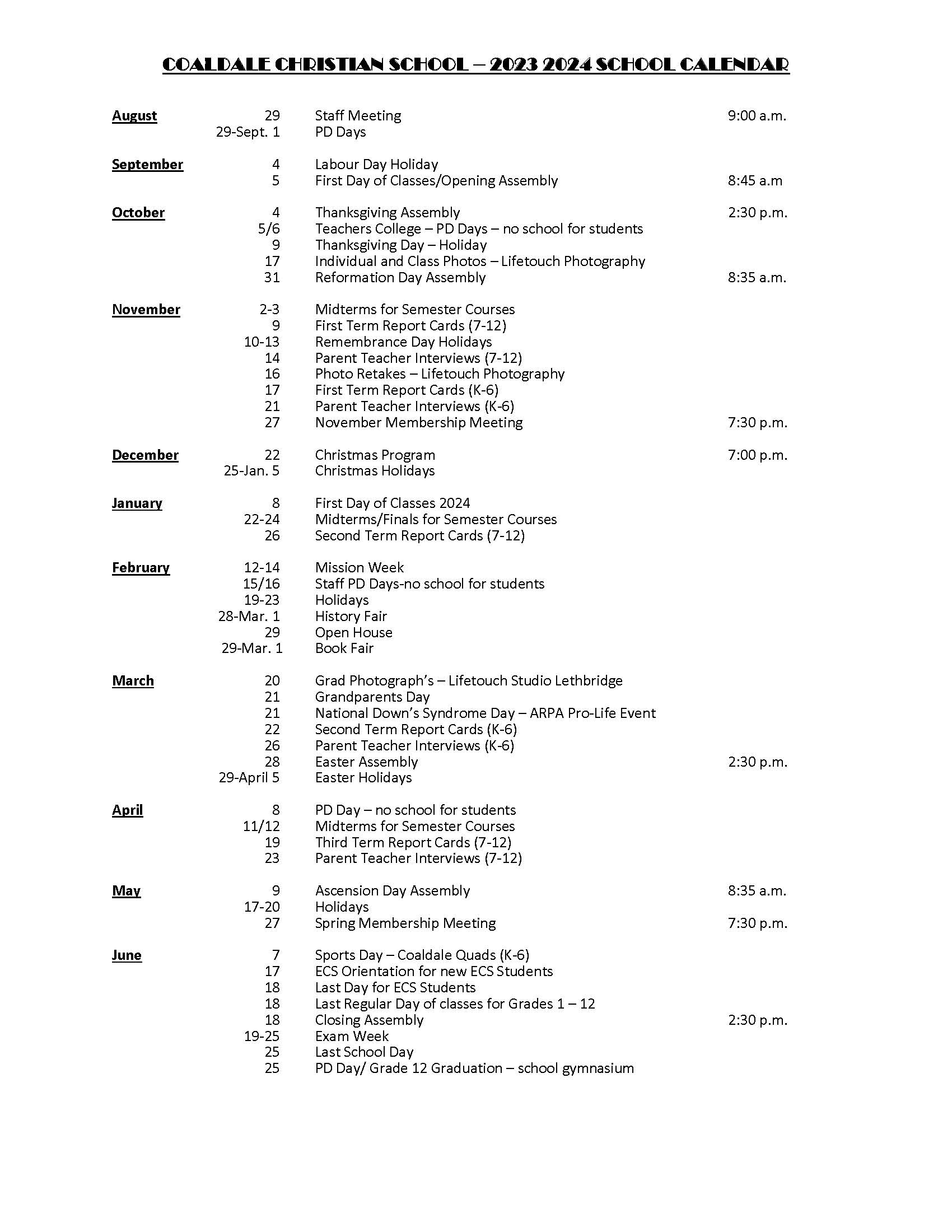 Year Calendar - Coaldale Christian School